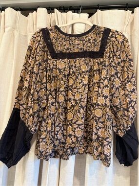 Cleobella Black Floral Puff-Sleeve Blouse with Yellow Accents